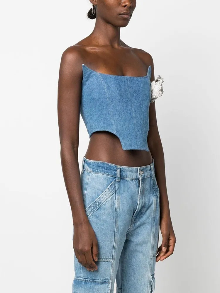 TWOTWINSTYLE Denim Irregular Vests For Women Slash Neck Sleeveless Patchwork Appliques Slimming Vintage Vest Female Fashion 2023