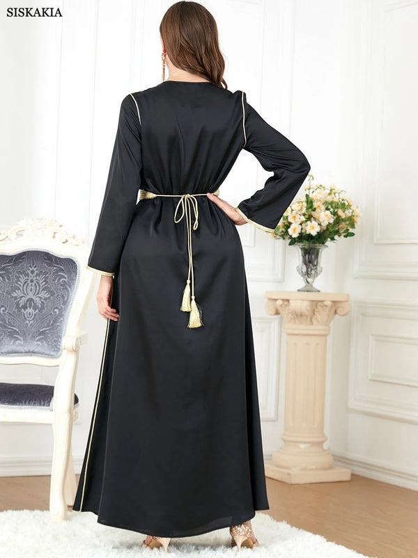 Prom Dresses 2023 Floral Embroidery Belted Kaftan V-Neck Beading Party Dress Jalabiyat Ramadan Abaya Clothes For Women