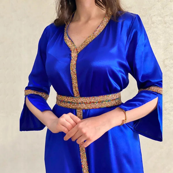 Caftan Kaftan Abaya Women Ramadan Gurban V-neck Long Sleeves Women Robe Dubai Muslim Arab Wedding Abaya Fashion Women Clothing