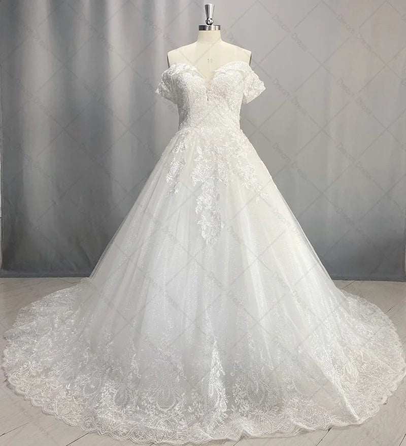 DREAM Princess Sparkly Off Shoulder Wedding Dress Elegant Sweetheart Lace Up Ball Gown Lace Appliques Bridal Gown Robe De Mariee