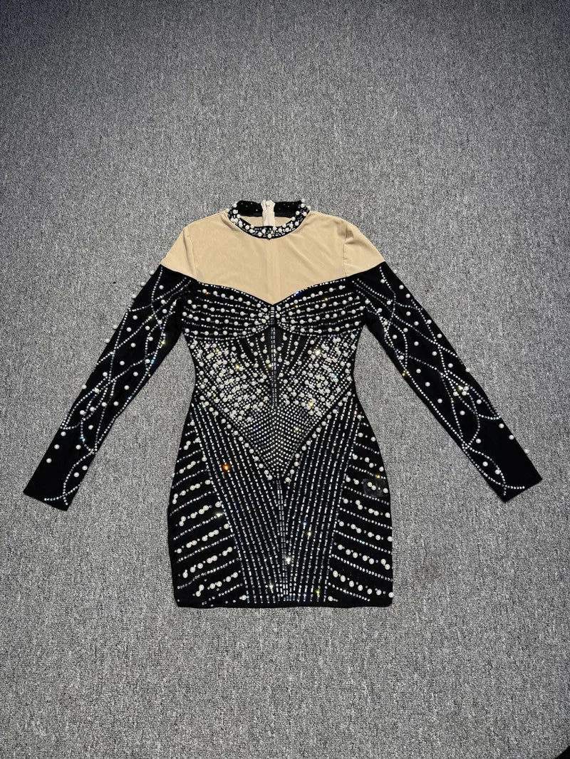 2025 Elegant Evening Party Club Outfit Vestido Women Celebrity Sexy Long Sleeve Turtleneck Mini Rhinestone Diamonds Gowns Dress