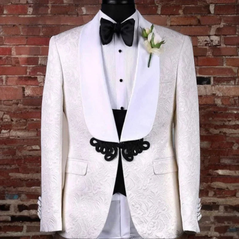 Floral Pattern Groom Tuxedo for Wedding Dinner Slim Fit Men Suits with Black Velvet Lapel 3 Pieces African Fashion Costume 2024 White with Black