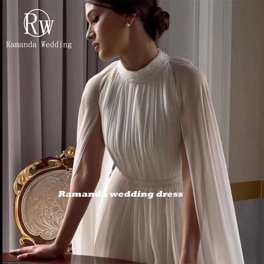 Ramanda Simple Saudi Arabia High Neck Chiffon Sweep Train Wedding Dress Cape Sleeves Simple Pleats Ruching A-line Bridal Gown