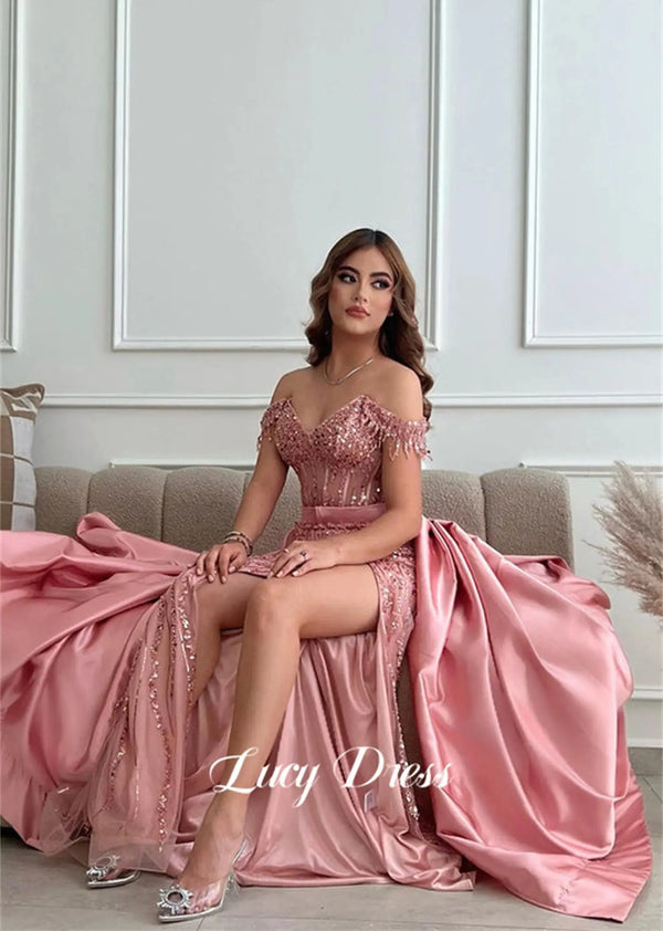 Lucy Mermaid Evening Dress Ball Gown Detachable Skirt Bead-embroidered Shiny Fabric Satin Pink Luxurious Dresses Dubai Luxury