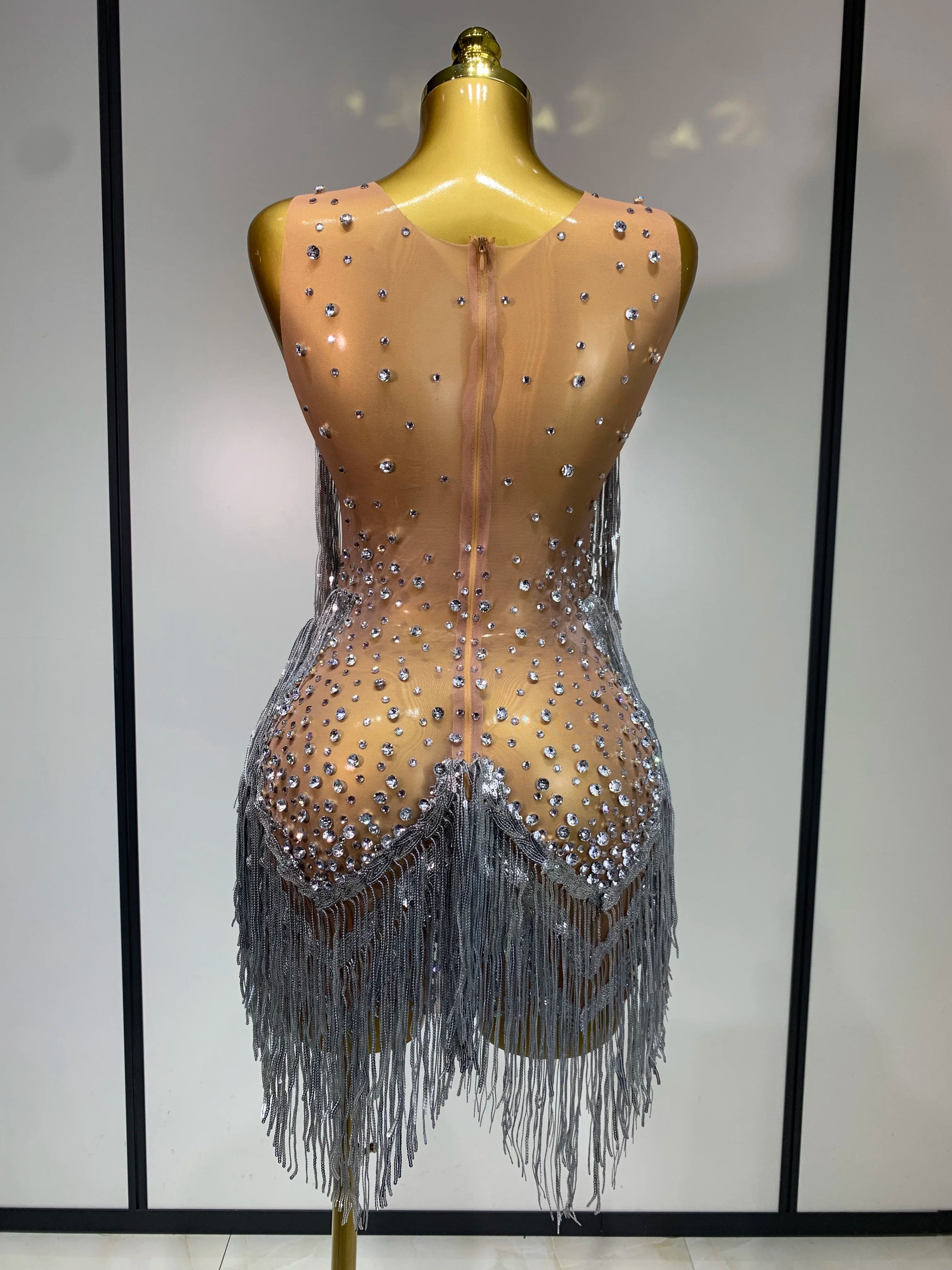 Luxury Rhinestones Tassels Mini Dress Suit Women Sexy See Through Mesh Birthday Party Club Dresses Performance Stage Outfit