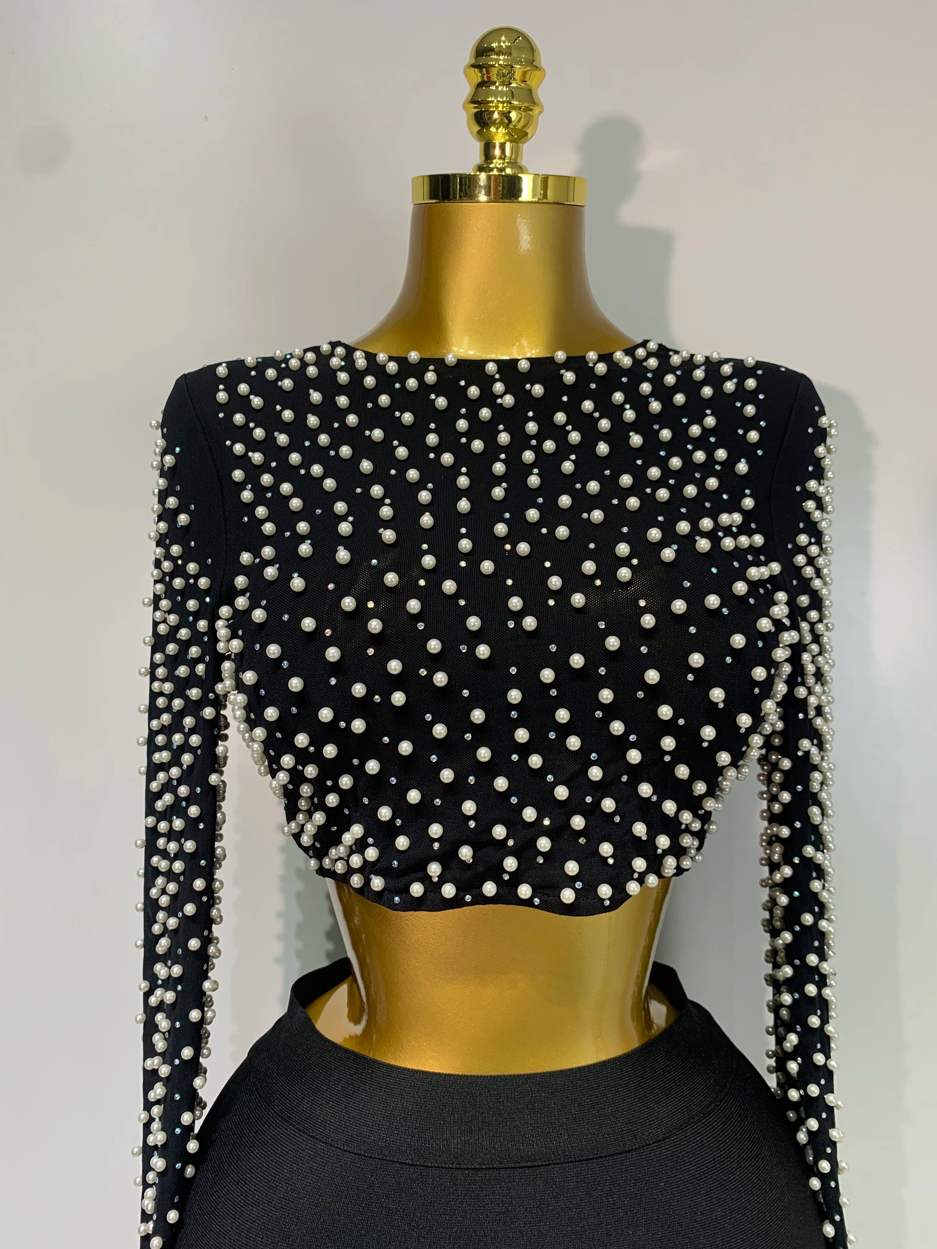 Women Sexy Long Sleeve Mesh Pearl Black Top Celebrity Midi Women Bandage Set 2025 Designer Evening Party Birthday Two Piece Set