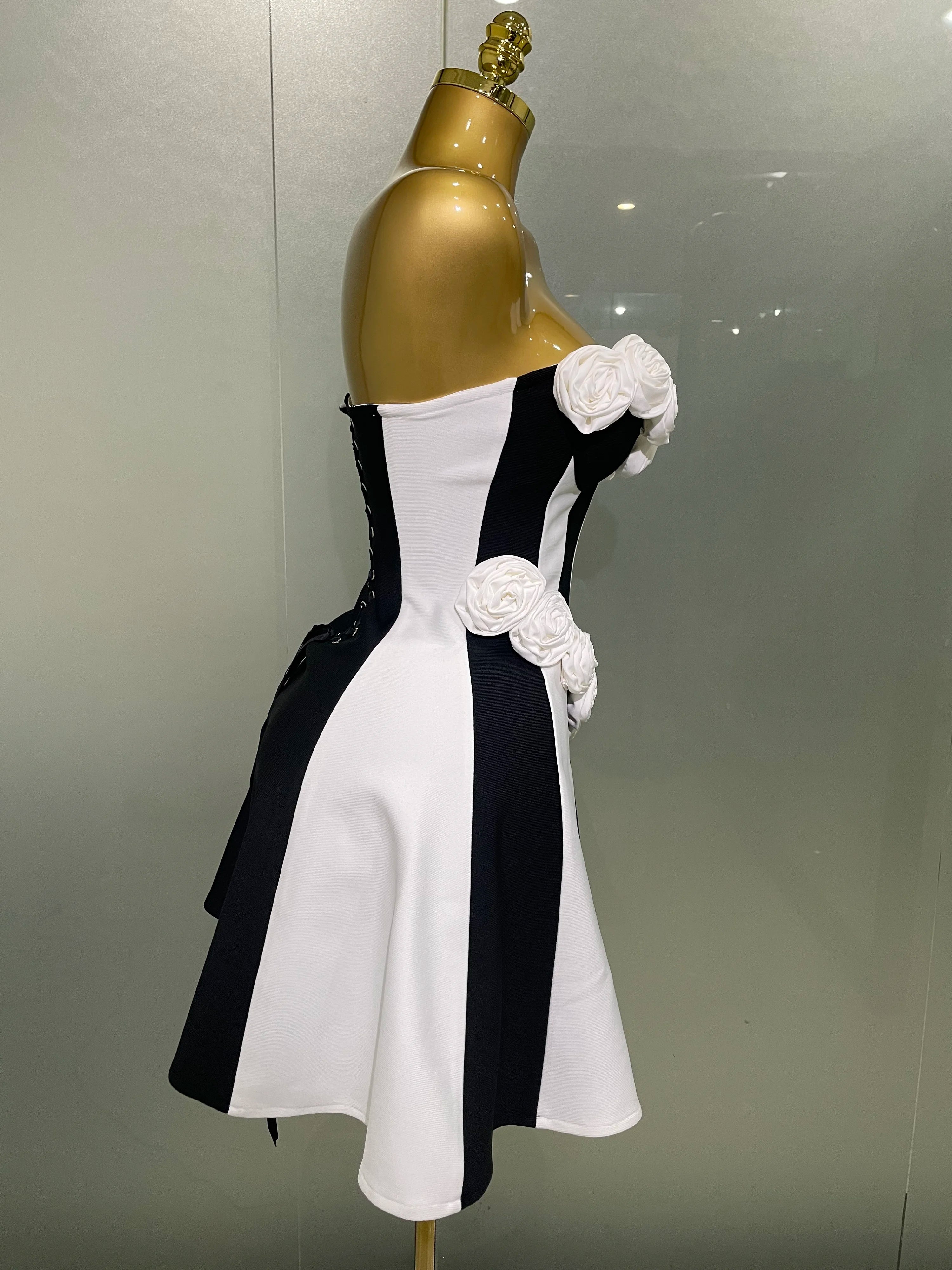 2025New Women Flower Decoration Strapless Black White Stripe Bandage Short Dress Cocktail Party Elegant Evening Club Party Dress