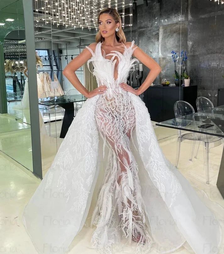 Floria Ivory Feather Mermaid Wedding Dresses Luxury for Women Abiti da sposa da sposa staccabile Abiti da ballo formali per il matrimonio