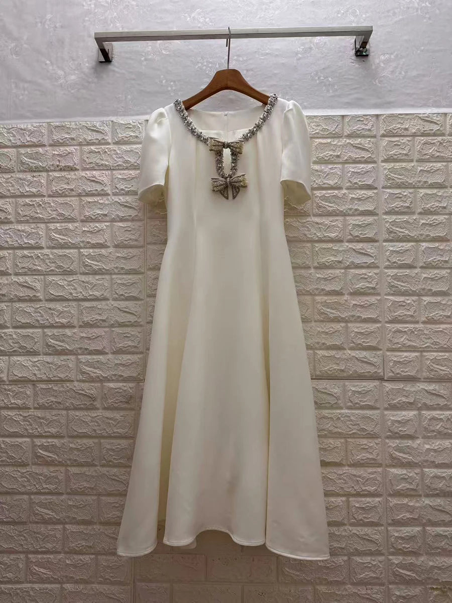TWOTWINSTYLE Solid Slimming Spliced Bowknot Elegant Dresses for Women Round Neck Short Sleeves Patchwork Bead Dress Female New