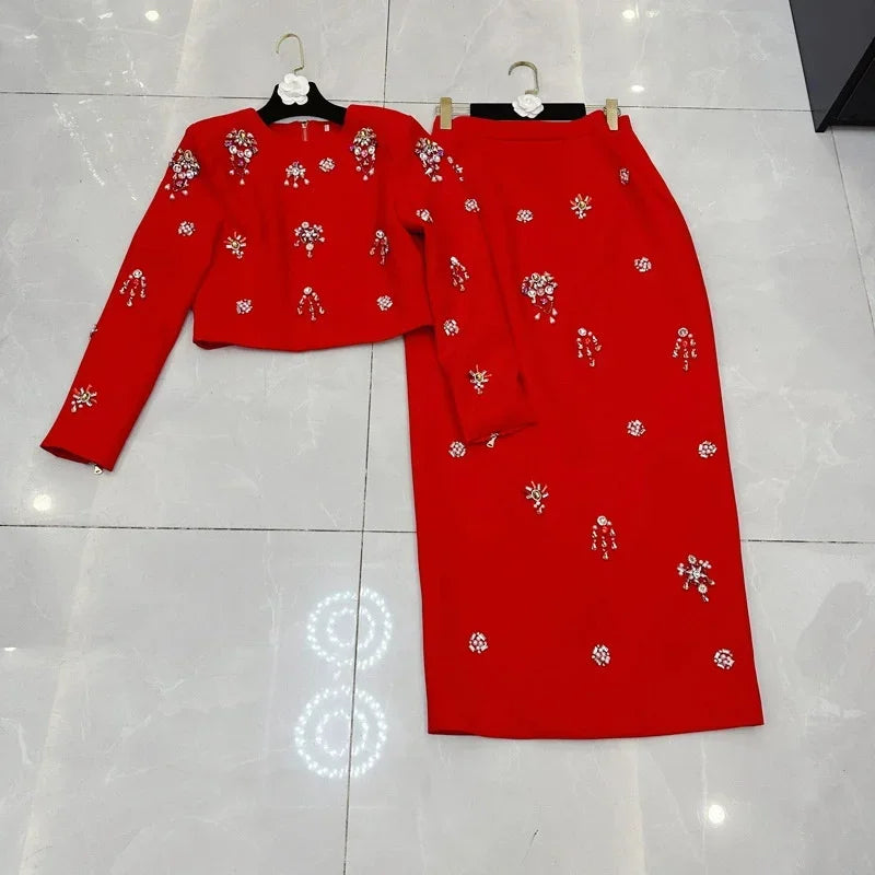 TWOTWINSTYLE Solid Slimming Two Piece Sets for Women Round Neck Long Sleeves Patchwork Diamonds Top High Wasit Skirt Female New