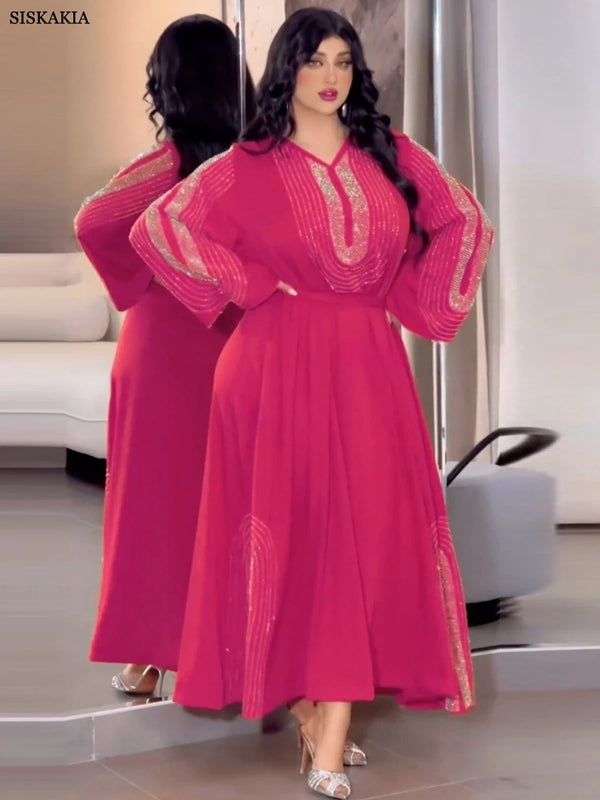 Fashion Belted Party Diamonds Long Dress Jalabiyat Ramadan Kuwaiti Women Abayas Long Sleeve V-Neck Elegant Islam Kaftan