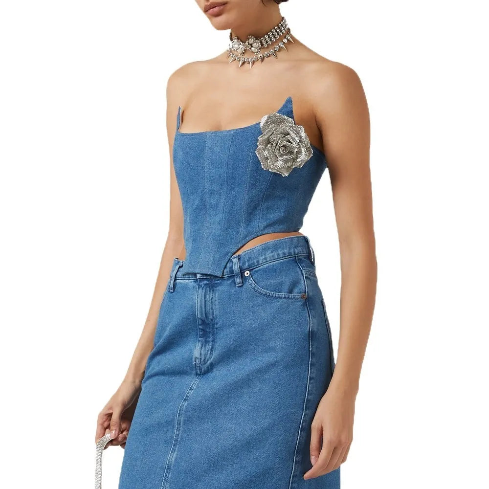 TWOTWINSTYLE Denim Irregular Vests For Women Slash Neck Sleeveless Patchwork Appliques Slimming Vintage Vest Female Fashion 2023