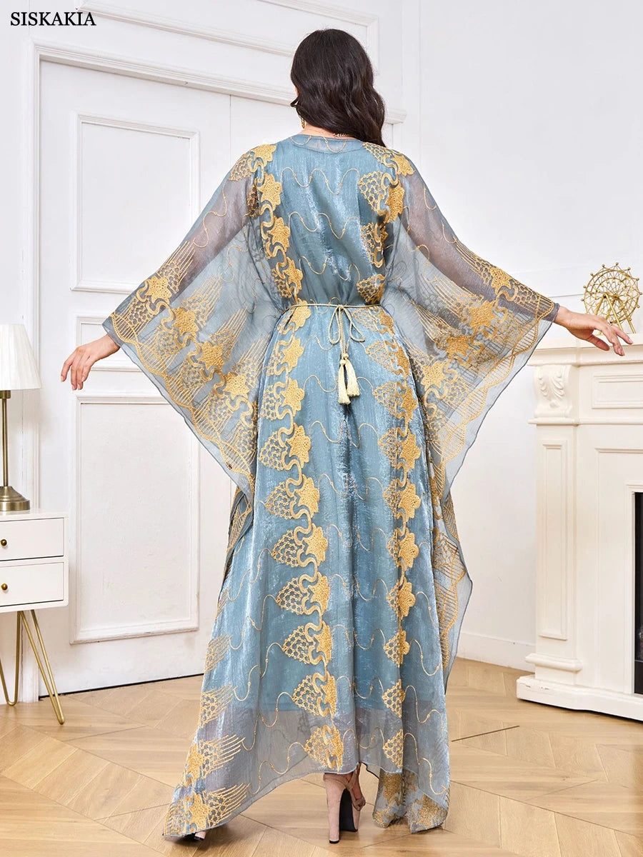 Fashion Ethnic Turkish Abaya Woman Muslim Dubai Mesh Embroidery Belt Kaftans 2 Piece Suit Elegant Islamic Long Dresses