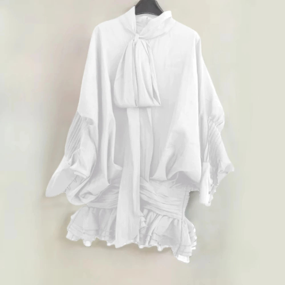 TWOTWINSTYLE Solid Slimming Fashion Mini Dresses for Women Round Neck Long Sleeves Patchwork Lace Up Temperament Dress Female