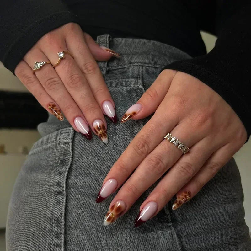 24Pcs Autumn Winter Matte Almond False Nails with Glue Rose Leaf Printing Nail Art Simple Full Cover Press on Acrylic Nails Tips