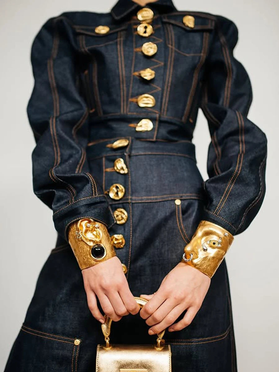 TWOTWINSTYLE Cowboy Spliced Irregular Button Two Piece Sets for Women Lapel Long Sleeves Top High Waist Pant Set Female Fashion