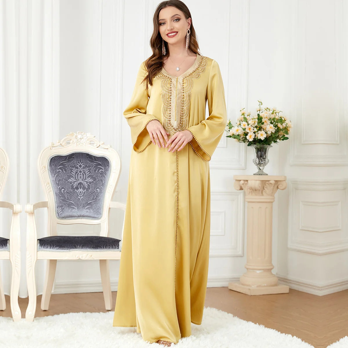 Abaya per le donne Ramadan Dubai 2023 Abbigliamento arabo Donna da V del scollo a Vsera a manica lunga Abito da manico