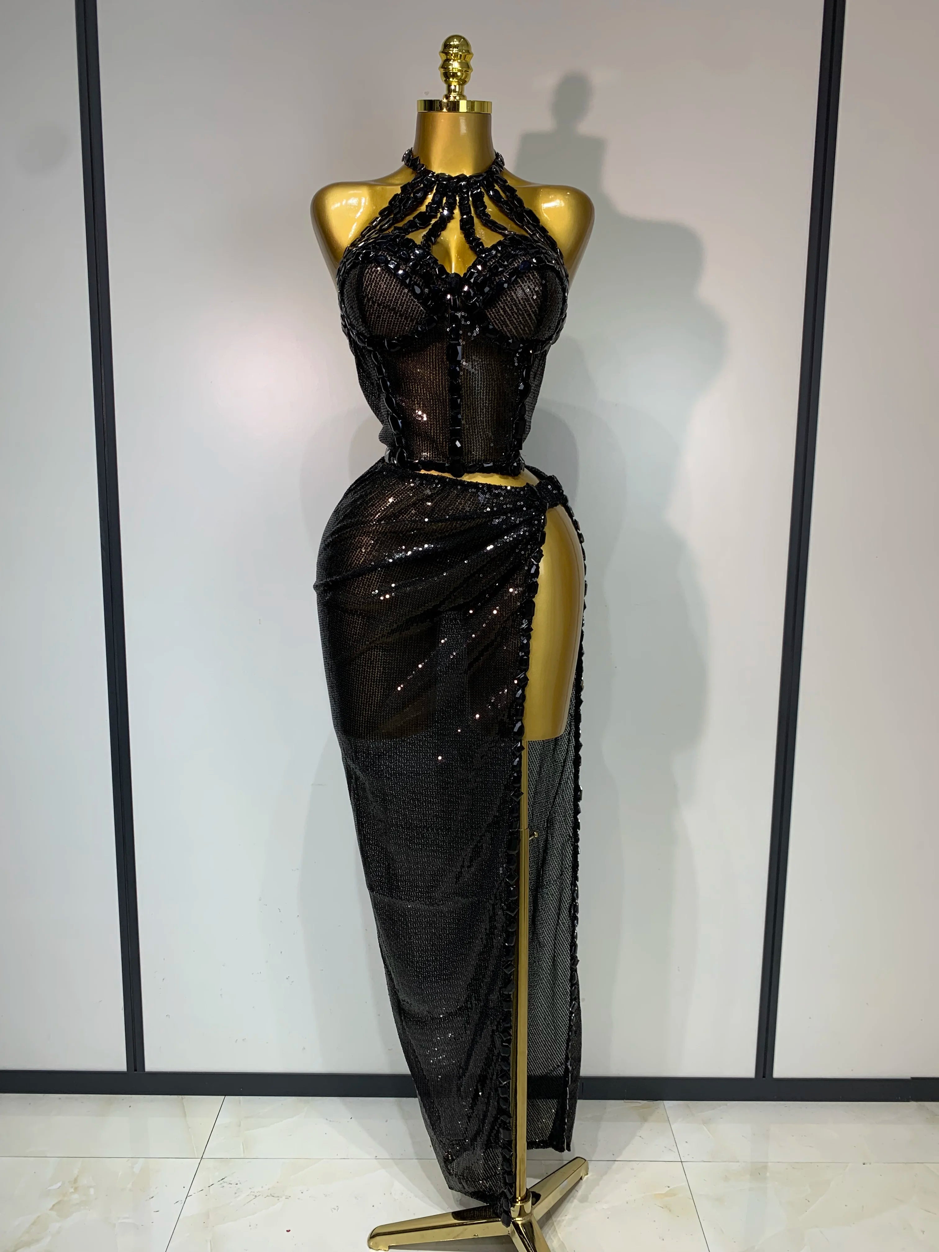 Women Sparkly 2025 Silver Rhinestones Top Long Skirt Two Pieces Set Singer Dancer Performance Costume Nightclub Stage Wear