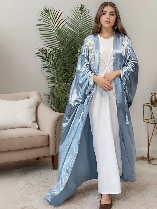 Elegant Women Muslim Satin Beading Open Abaya Kimono Long Maxi Dress Turkey Dubai Eid Party Kaftan Arabic Robe Morocco Jalabiya