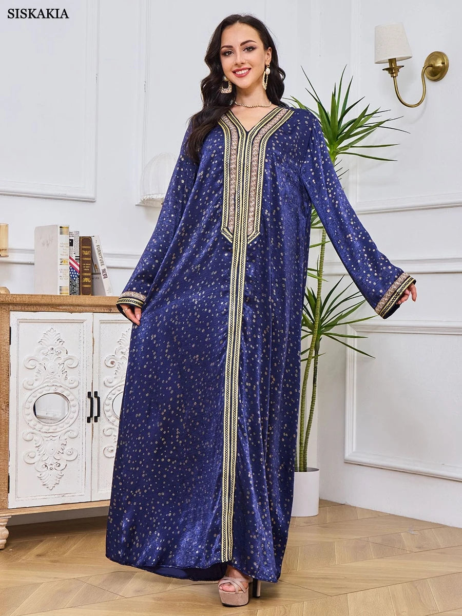 Islamic Women Clothing Elegant Ethnic Abaya Dress Diamonds Tape Trim Full Sleeve V-Neck Casual Loose Long Dress Gulf