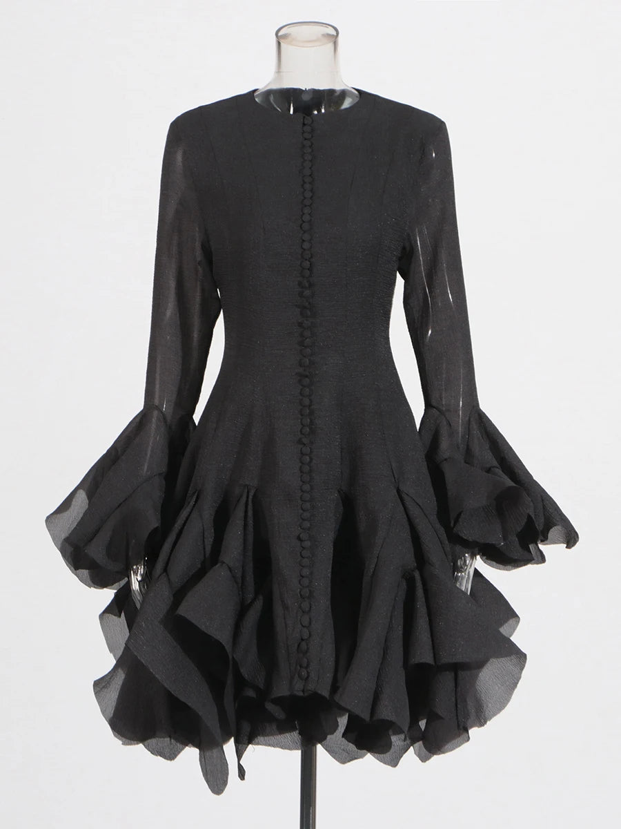 TWOTWINSTYLE Solid Spliced Button Slimming Dresses For Women O Neck Long Sleeve High Waist Patchwork Ruffles Female Fashion New