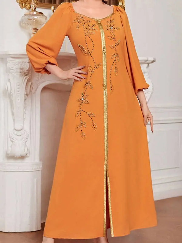 Fashion Lantern Sleeve Party Evening Dresses for Women Muslim Moroccan Kaftan Dubai Abaya Rhinestone Ribbon Beaded Eid