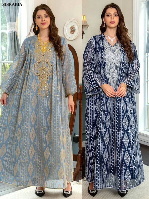 Gorgeous Party Evening Dresses for Women Dubai Muslim Vintage Ethnic Sequin Gold Thread Embroider Abaya Moroccan Kaftan