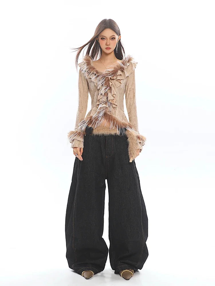 TWOTWINSTYLE Solid Fashion Spliced Fur Sweater for Women V Neck Long Sleeve Patchwork Ruffles Fold Pullovers Female Clothing New