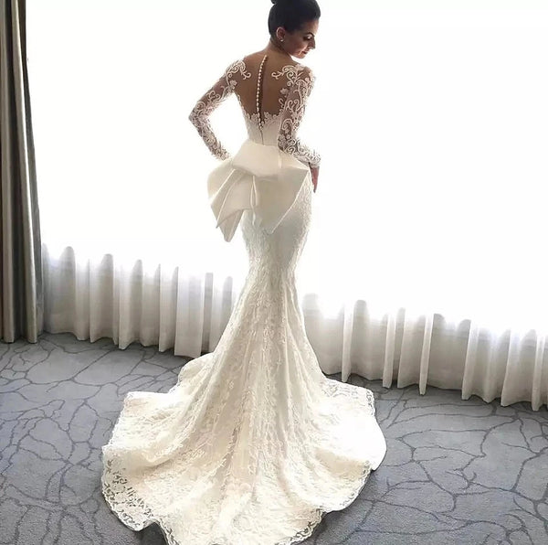 Luxury Women's Lace Wedding Dresses Detachable 2-Piece Set Gorgeous Decal Mermaid Long Sleeve Princess Formal Beach Bride Gowns