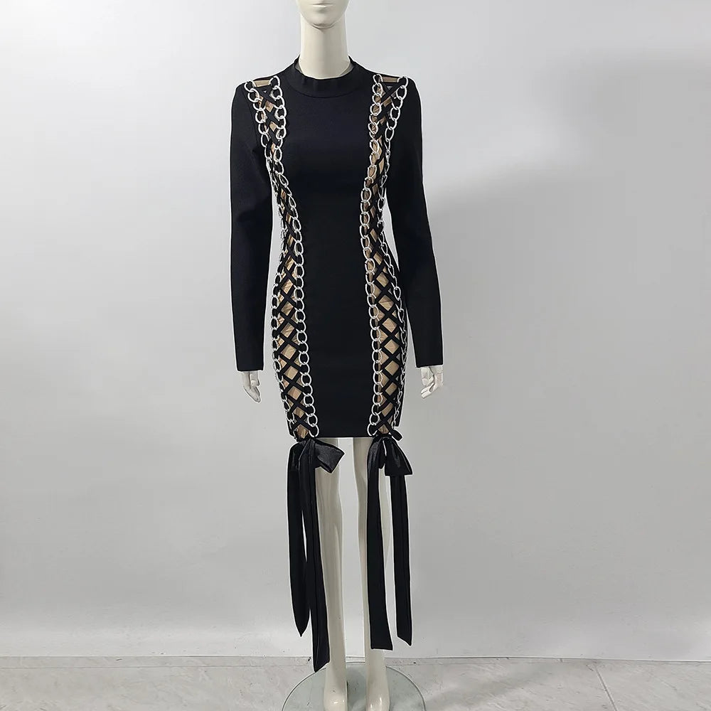 High Quality Women Long Sleeve Sexy Laced-up Bodycon Mini Bandage Dress Fashion Celebrate Nightclub Party Cocktail Outfit