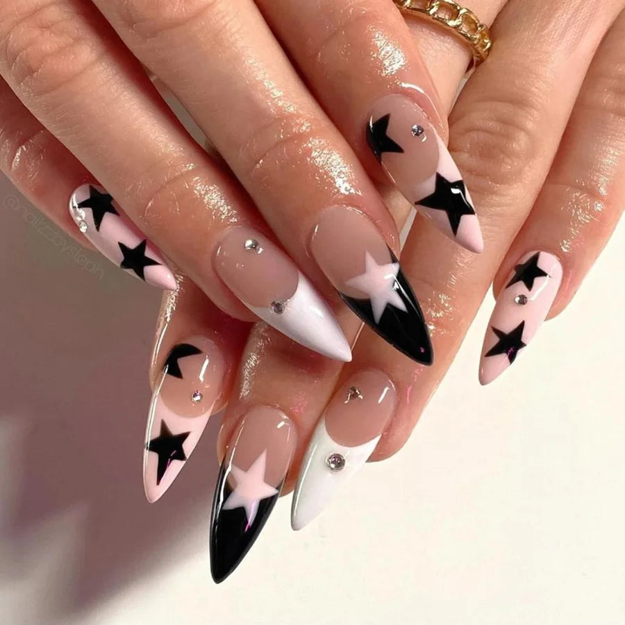24Pcs Almond Press on Nails Y2K Star Diamond Designs for Cool Girls Nude Color Fake Nails for Women Full Cover False Nail Tips