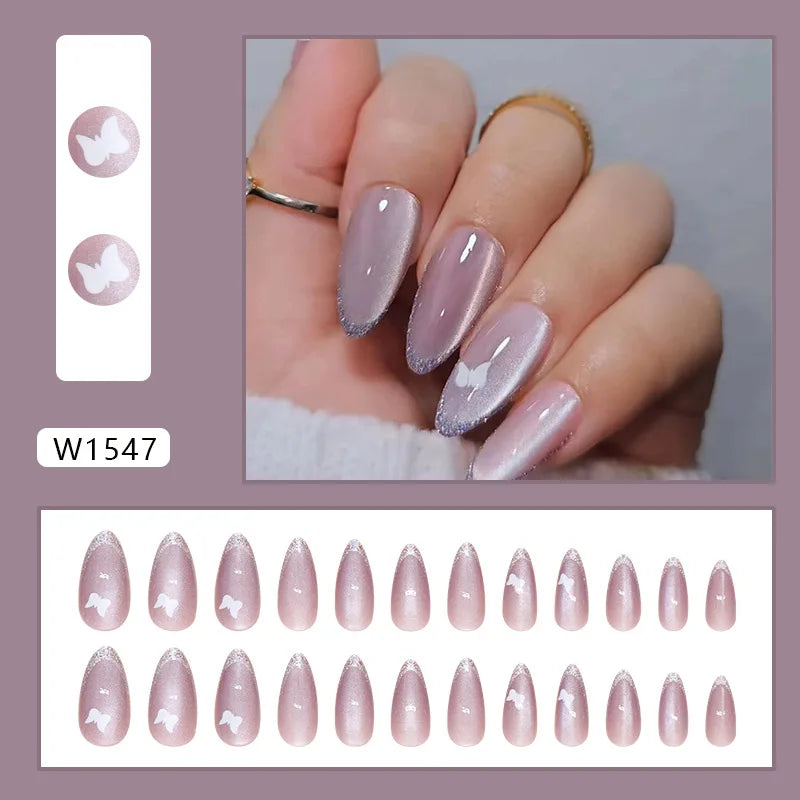 24pcs French Style Purple Cat Eyes Press on Nails White Butterfly Simple Almond Nails Full Cover Wearable False Nails
