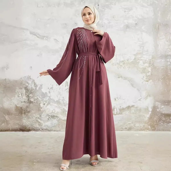 Elegant Diamonds Abayas for Women Dubai Luxury Belted Maxi Dress Eid Ramadan Caftan Marocain Femme Kebaya Robe Muslim Vestidos