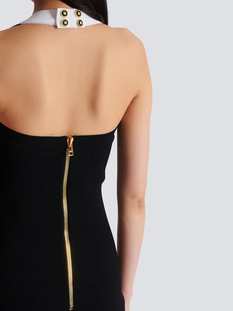 Women Celebrity Sexy Backless Halter Button Bodycon Black Mini Bandage Dress 2025 Elegant Evening Club Party Outfit