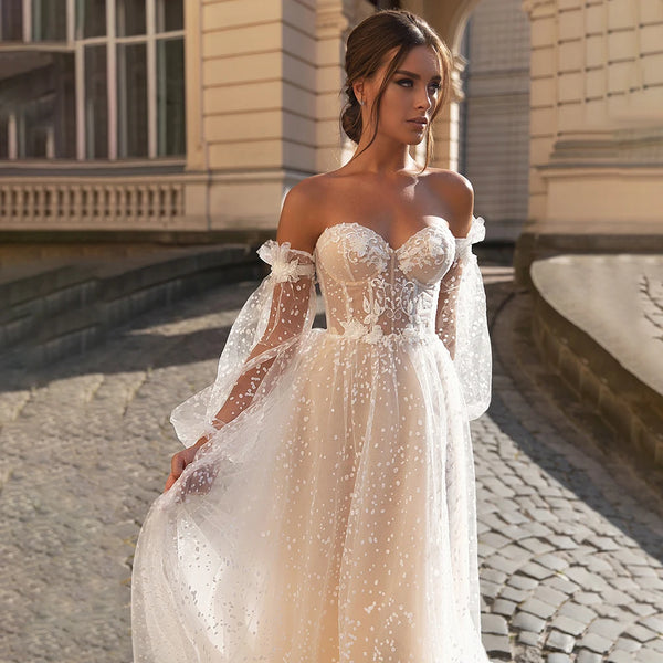 Flavinke Sexy Sweetheart Strapless Puff Sleeves A-Line Wedding Dresses For Bride Backless Glitter Dot Tulle Robe De Marié 2024