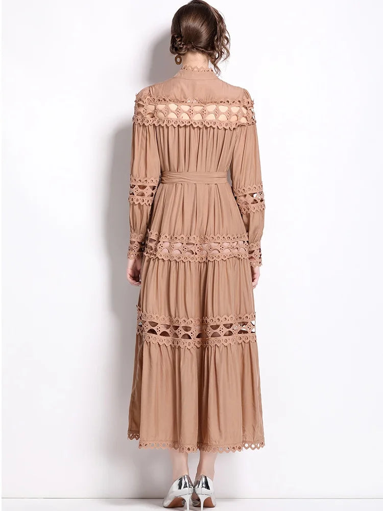 New Spring Autumn Stand Collar Lace Hollowed Out Single Breasted Dress Women's Vintage Elegant Full Sleeve Rnnway Long Dress
