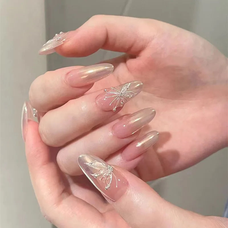 24Pcs Long Gradient Press on Fake Nails Full Cover Butterfly Rhinestone Design Gentle Oval Fashion Nail Detachable Nail Tips Art