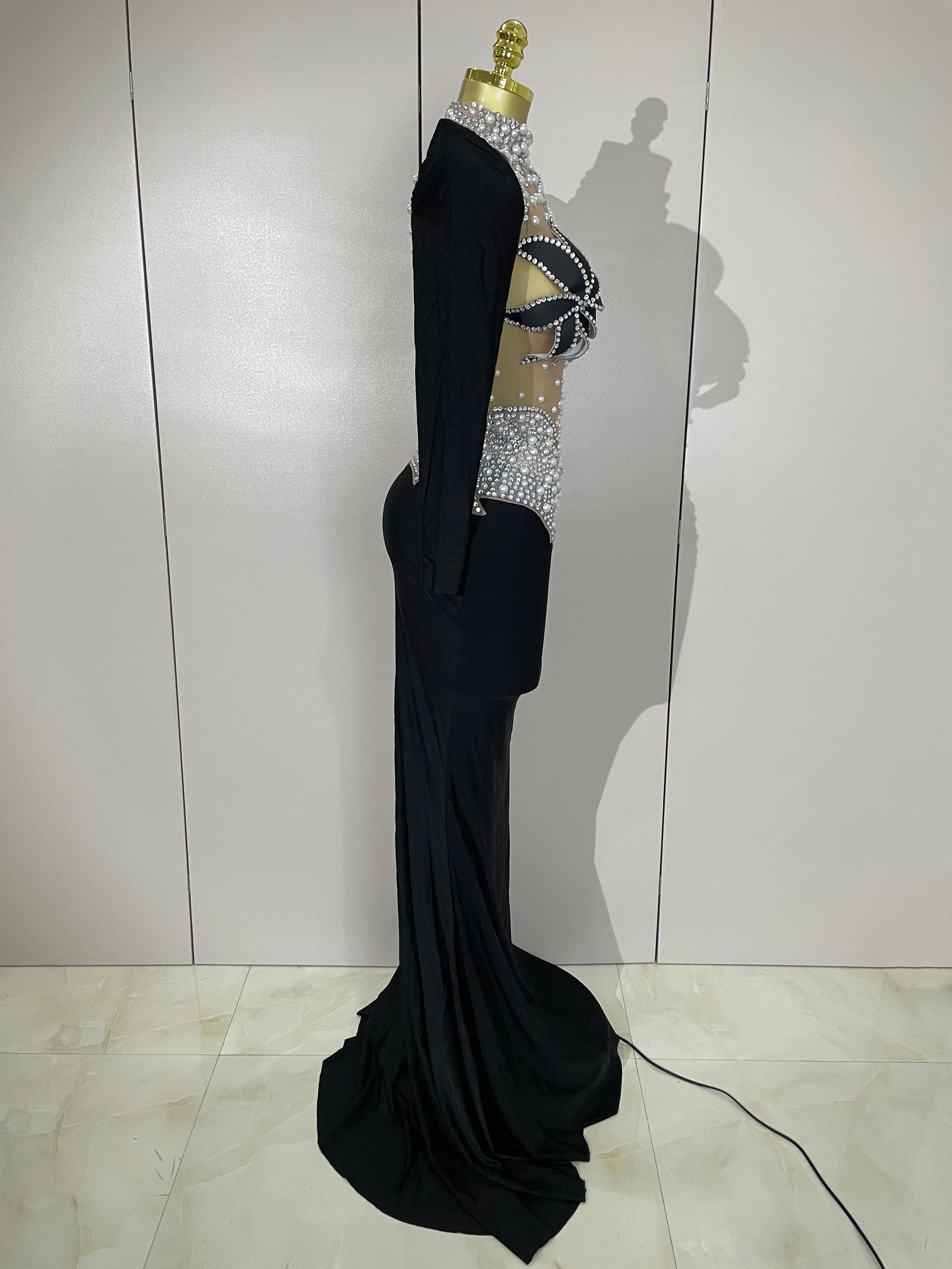 Sparkly Diamonds Pearl Black Sexy See Through Mesh Long Dress Women Wedding Evening Luxury Birthday Party Stage Photoshoot Dress