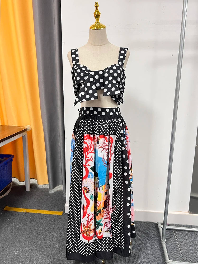 TWOTWINSTYLE Hit Color Print Two Piece Set For Women Square Collar Sleeveless Top High Waist A Line Skirt Elegant Sets Female