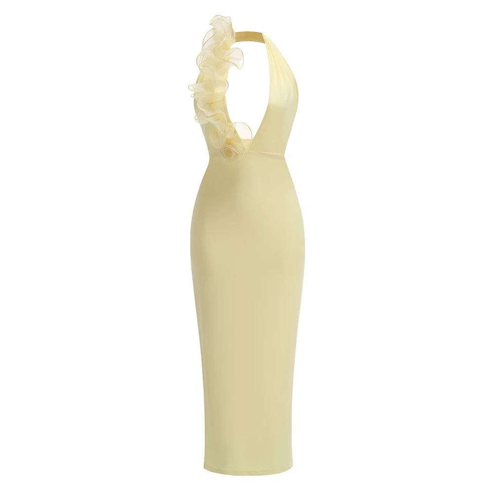 New Arrival Celebrity Fashion Birthday Party Cocktail Dress Women Sexy Halter Backless Florals Bodycon Long Outfit Wholesale