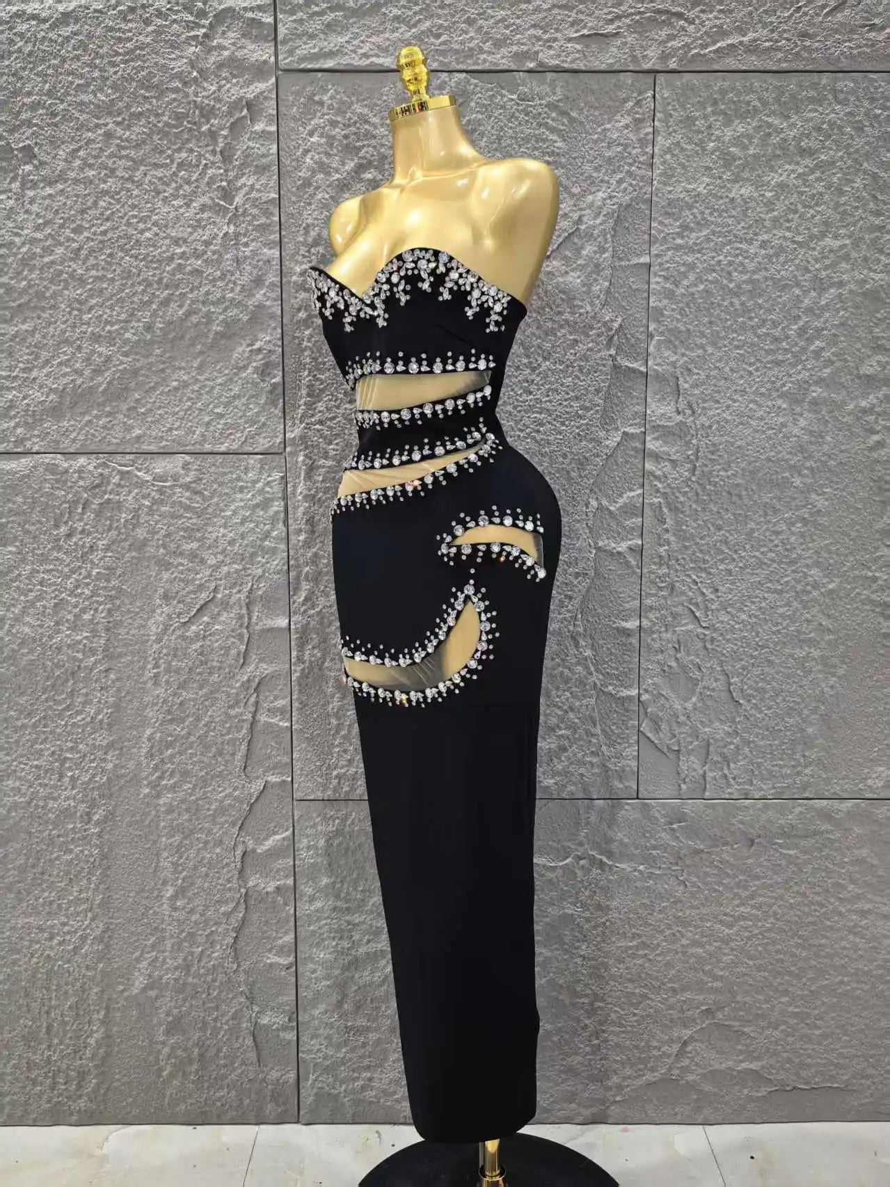 Top Quality Women Sexy Strapless Shinning Crystal Mesh Bodycon Long Bandage Dress Evening Party 2025 New Birthday Outfit