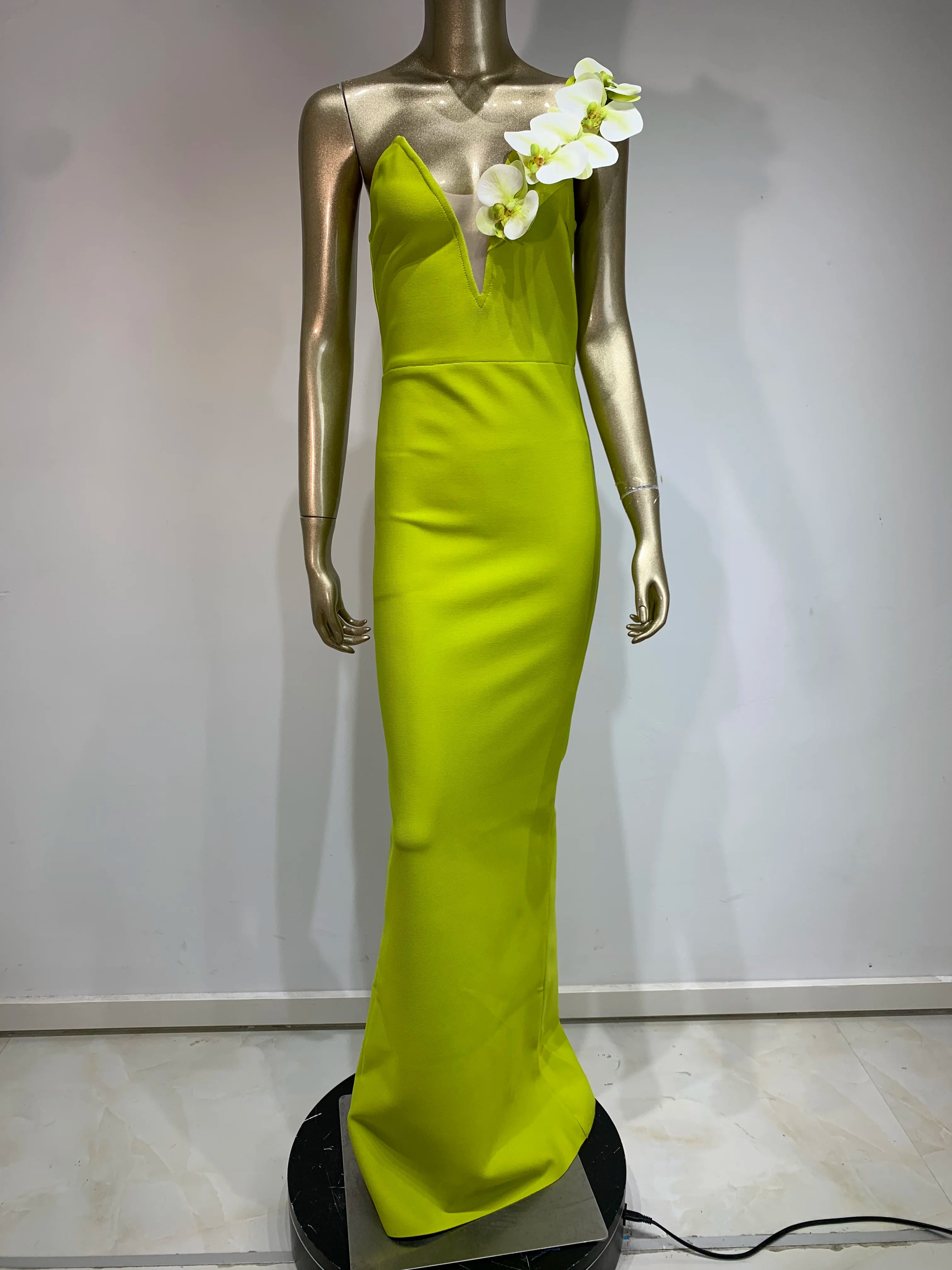 Women Celebrity Sexy One Shoulder Green Flower Maxi Long Bodycon Bandage Dress Elegant Evening Club Party Dress