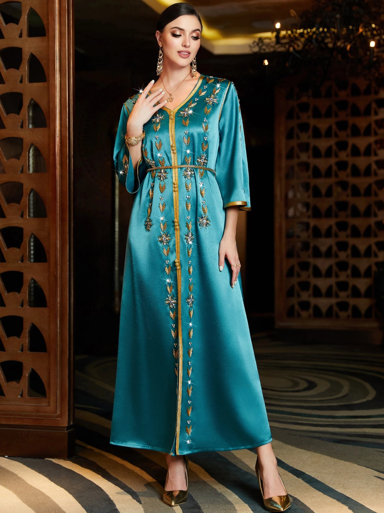 Pure Handwork Rhinestone Beading Turkish Abayas Chic Full Sleeve V-Neck Belted Clothing Evening Dresses Woman Elegant