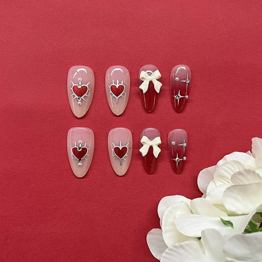 Artificial Press on Nails Tips Art 24Pcs Pink Almond False Nails Butterfly Ballet with French Design Wearable Fake Nails Simple