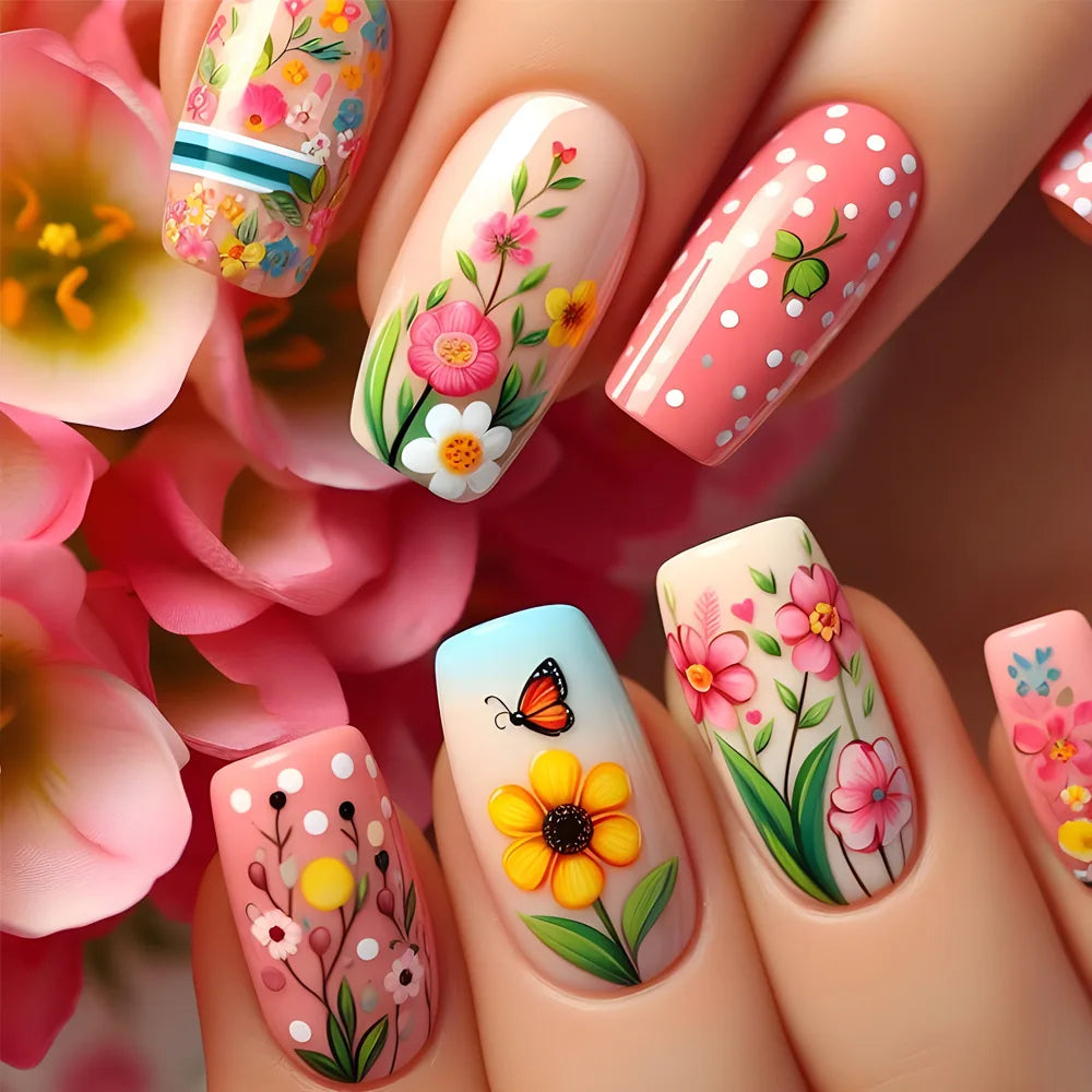 24Pcs Mid-length Square Fake Nails Patch with Plant Flower Pattern False Nails Blue Fashion Removable Nail Tips Finished Summer
