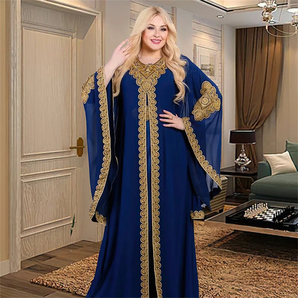 Two Piece Set Dress African Dresses for Women 2024 Traditional Gold Embroidery Clothing Islam Kaftan Abaya Musulman Robe Femme