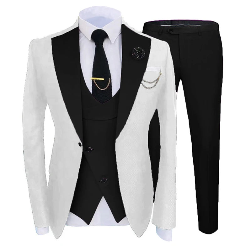 Slim Fit Formal Men Suits for Wedding with Wide Notched Lapel 3 Pieces Groom Tuxedo Male Fashion Jacket Vest Pants 2022 White and Black