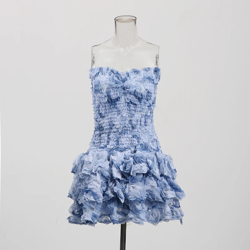TWOTWINSTYLE Colorblock Fashion Temperament Dresses for Women Strapless Sleeveless Patchwork 3D Flowers Dress Female Clothing
