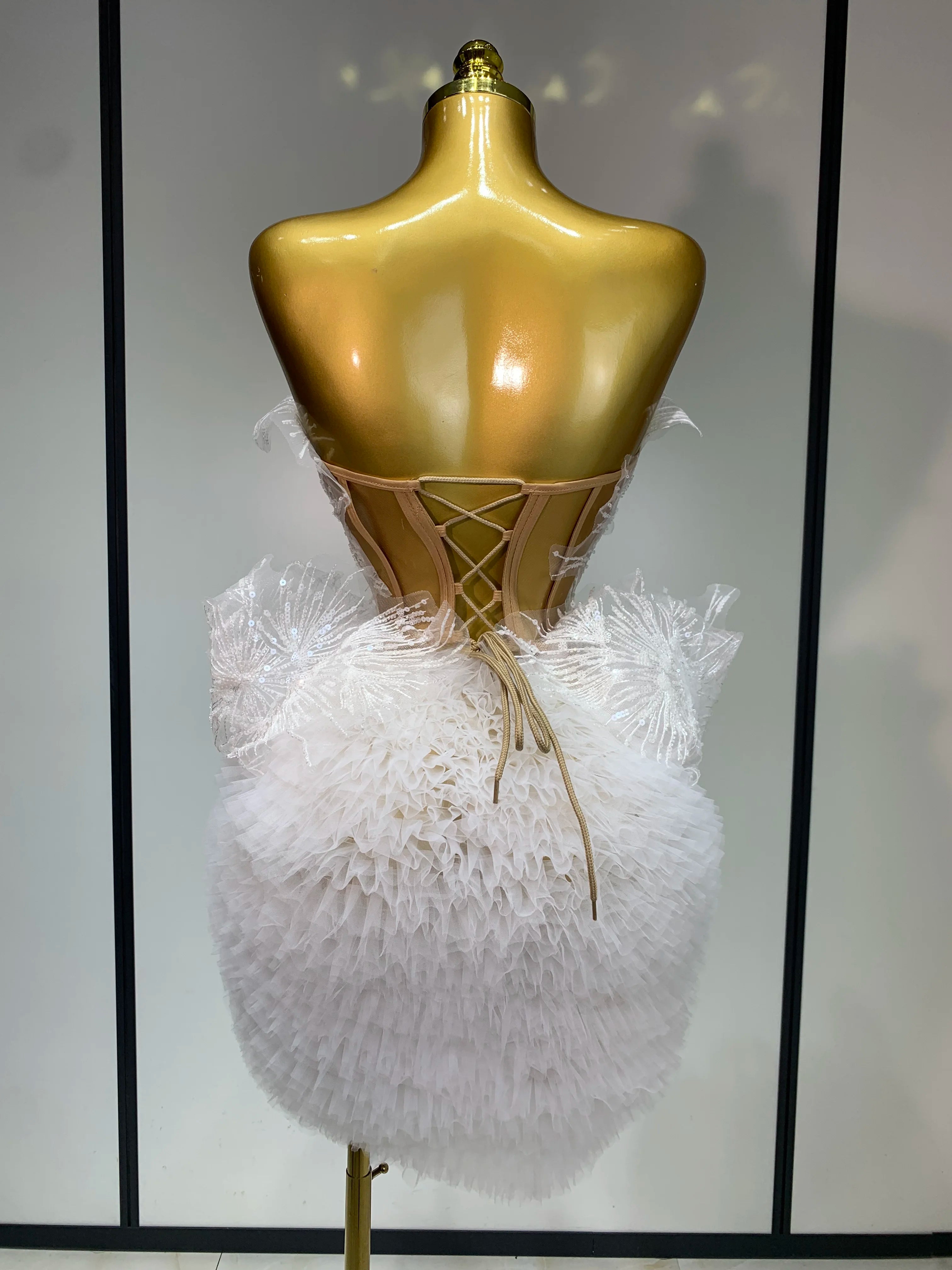 Sexy Strapless Tops Mesh Mini Skirt Two Piece Set Women Evening Party Nightclub Singer Stage Costume Luxury Birthday Gown