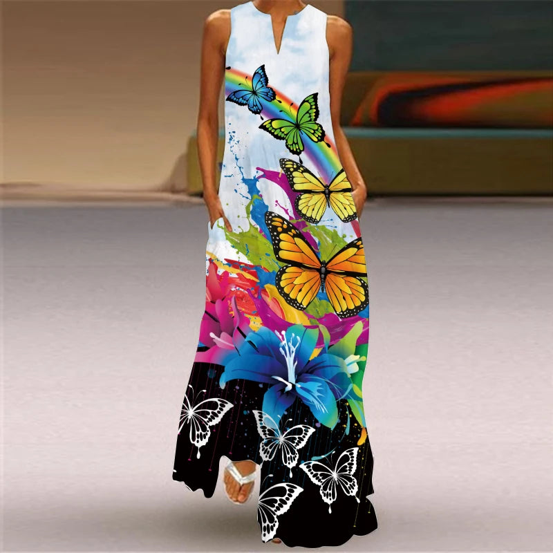Fashionable Women's Hollow V-neck Maxi Dress Fresh Flower Print Sleeveless Loose Straight Beach Seaside Vacation Long Dress